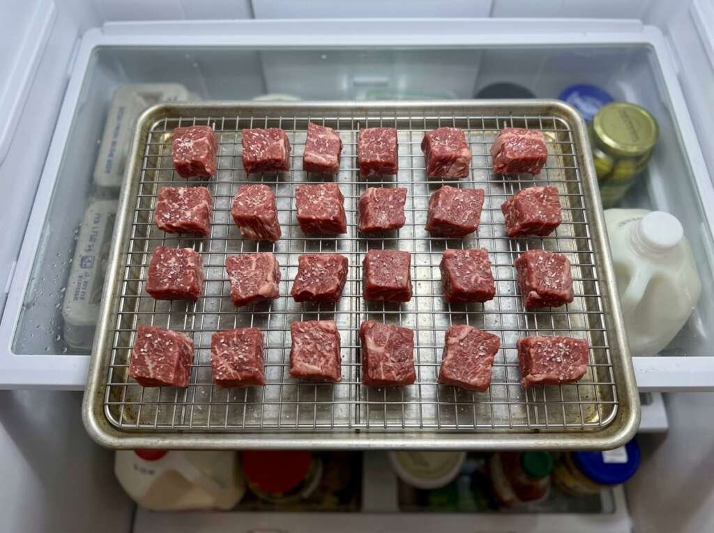Air Fryer Garlic Butter Steak Bites cube cutting
