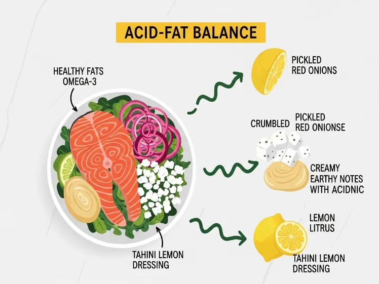 A simple visual diagram showing the acid-fat balance in a Mediterranean salmon bowl: arrows connecting salmon fat to pickled onions, feta to lemon, and tahini to lemon dressing.