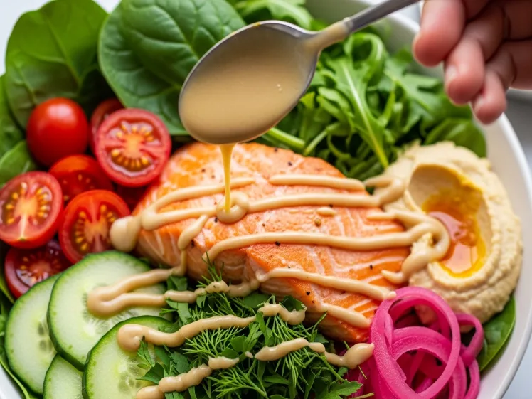 A hand drizzling golden tahini dressing over a colorful Mediterranean salmon bowl, with herbs and pickled onions visible beneath.