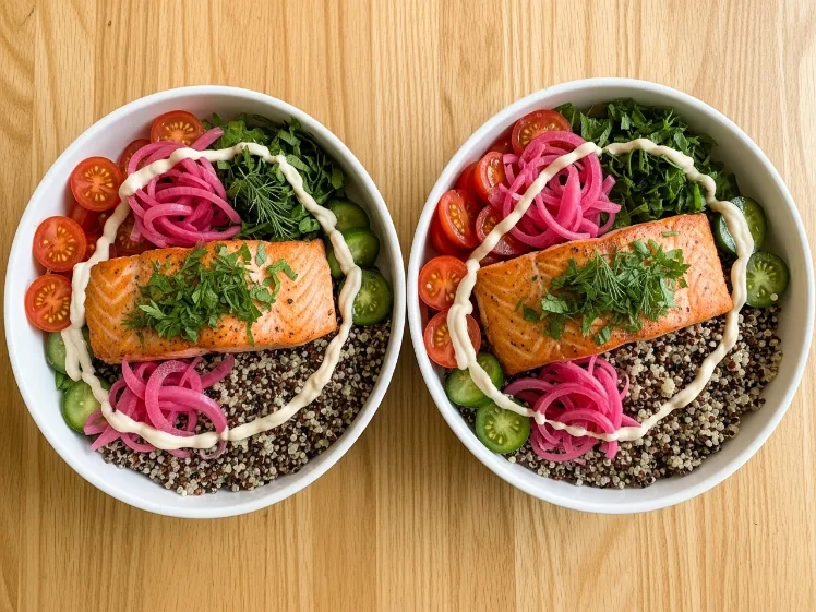 Two assembled Mediterranean salmon bowls from above, showing colorful layers of quinoa, golden salmon, pink pickled onions, red tomatoes, green herbs, and creamy white tahini drizzle.