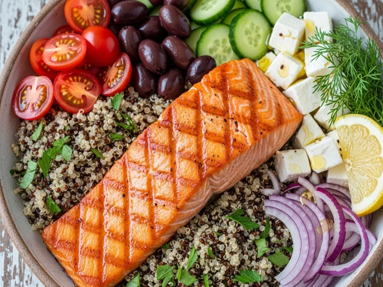 Close-up of a perfectly cooked salmon fillet with crispy golden-brown skin resting on fluffy quinoa in a Mediterranean bowl, surrounded by colorful toppings.