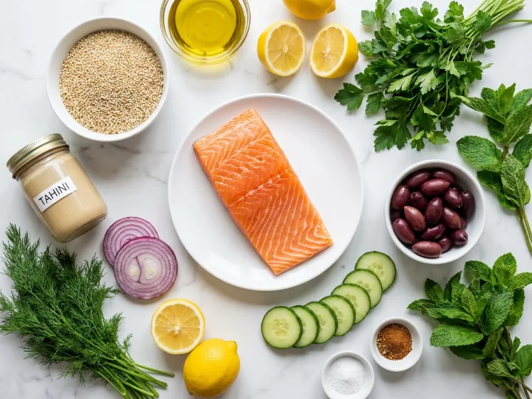 Overhead flat lay of Mediterranean salmon bowl ingredients including raw salmon fillet, dry quinoa, tahini jar, red onion, lemons, cucumber, olives, and fresh herbs on a white marble surface.