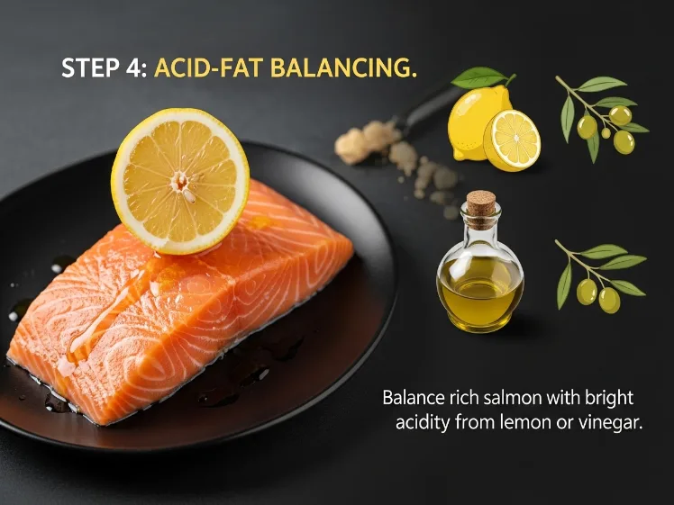 Step-by-step infographic showing the 5 Mediterranean salmon bowl secrets: dry skin scraping, quinoa steaming, tahini emulsification, acid-fat balancing, and carryover cooking technique.