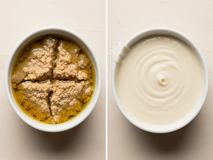 Two side-by-side bowls showing broken, grainy tahini dressing versus perfectly smooth, emulsified creamy tahini dressing, illustrating the difference the cold water technique makes.