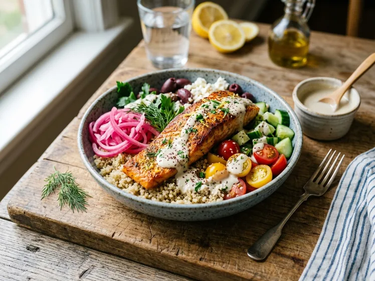 A vibrant Mediterranean salmon bowl with crispy salmon fillet, fluffy quinoa, pickled red onions, cucumber, cherry tomatoes, and creamy tahini dressing on a rustic wooden board.