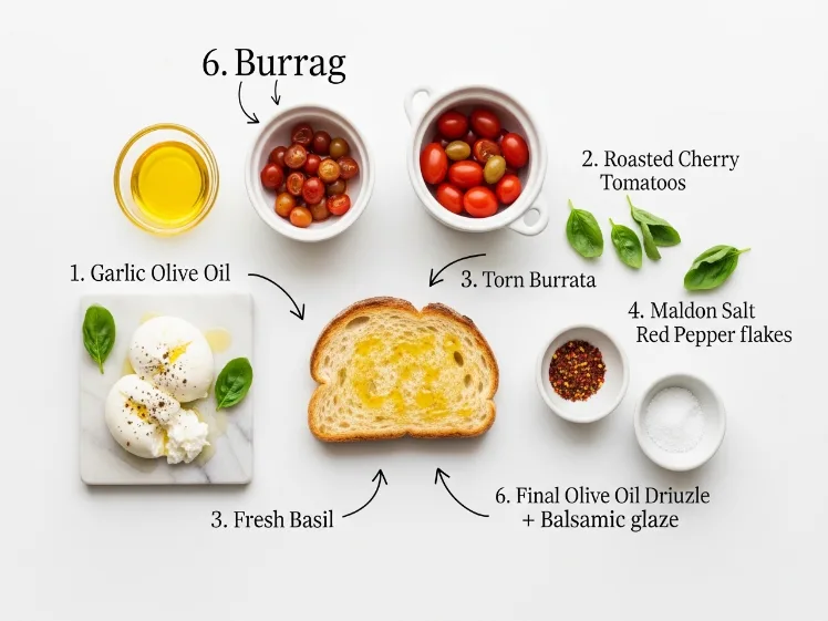 Overhead infographic flat lay showing the exact six-step ingredient layering order for building the perfect roasted tomato burrata toast — numbered components including garlic olive oil base, roasted cherry tomatoes, torn burrata, fresh basil, finishing salt and pepper flakes, and final balsamic glaze drizzle