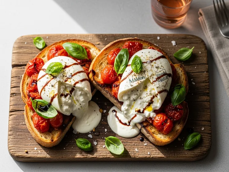 Roasted tomato burrata toast on golden sourdough bread with jammy cherry tomatoes, torn fresh burrata cheese, fresh basil leaves, and balsamic glaze drizzle on a rustic wooden board