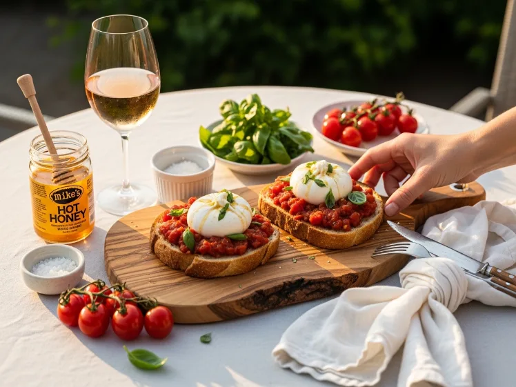 Roasted tomato burrata toast served on a rustic olive wood board at a summer brunch table setting with a glass of rosé wine, fresh basil, cherry tomatoes, and hot honey — perfect easy brunch toast idea and Italian burrata appetizer for summer entertaining and dinner party starters