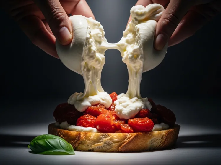 Dramatic extreme close-up of fresh burrata cheese being hand-torn open over roasted cherry tomatoes on sourdough toast — cream and stracciatella spilling out over jammy roasted tomatoes showing the perfect burrata tearing technique for the ultimate roasted tomato burrata toast recipe