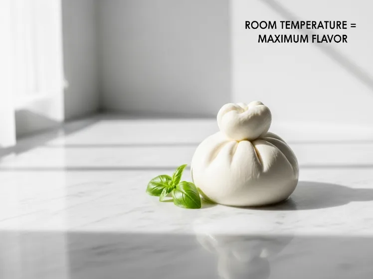 Fresh burrata cheese ball resting at room temperature on white marble surface next to fresh basil sprig — showing the correct temperature for serving burrata cheese toast to maximize creamy flavor and texture in a roasted tomato burrata toast recipe