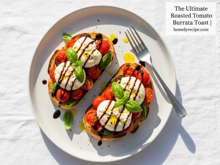 Overhead view of the ultimate roasted tomato burrata toast recipe — two perfect slices of golden garlic sourdough topped with jammy roasted cherry tomatoes, torn fresh burrata cheese, green basil leaves, balsamic glaze drizzle and olive oil on a white ceramic plate — the complete Italian-American gourmet toast recipe