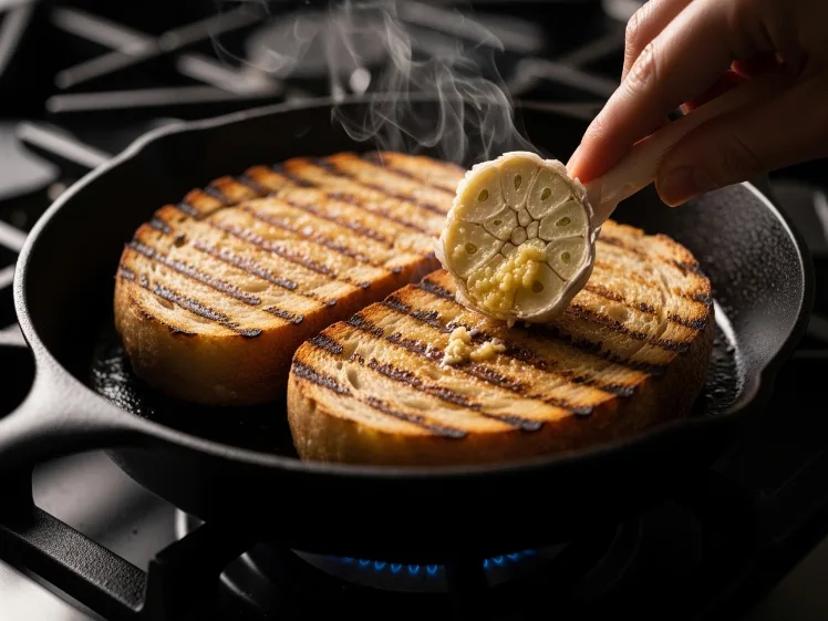 Thick sourdough bread slices toasting in a black cast iron skillet with a raw garlic clove being rubbed across the golden surface — the perfect bread preparation technique for Italian burrata toast recipe with crispy, garlicky sourdough base