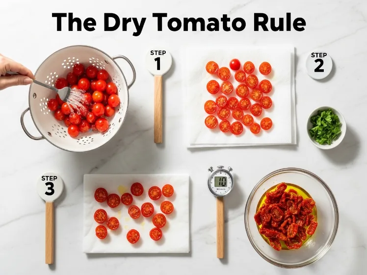 Step-by-step infographic showing how to correctly dry cherry tomatoes before roasting for burrata toast — four steps including rinsing, patting dry with paper towels, resting 10 minutes, and tossing with olive oil for the perfect roasted tomato burrata toast