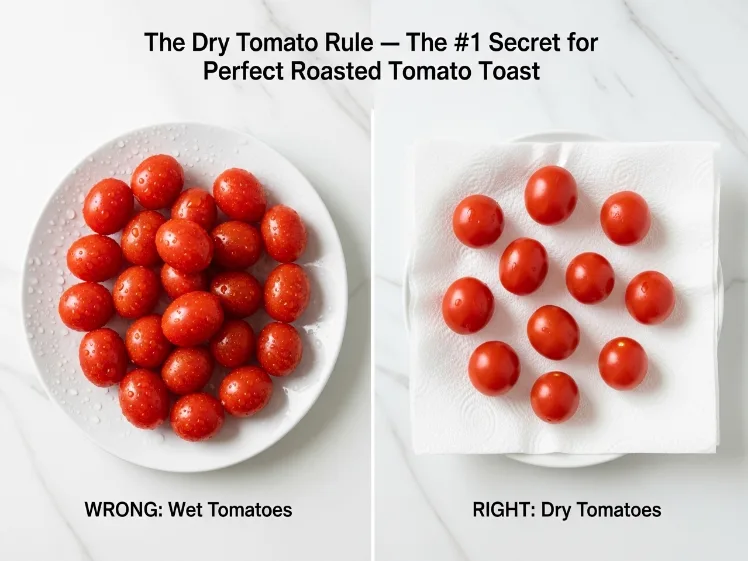 Side by side comparison of wet cherry tomatoes versus dry patted cherry tomatoes for roasting — showing the correct preparation method for roasted tomato burrata toast to avoid soggy results