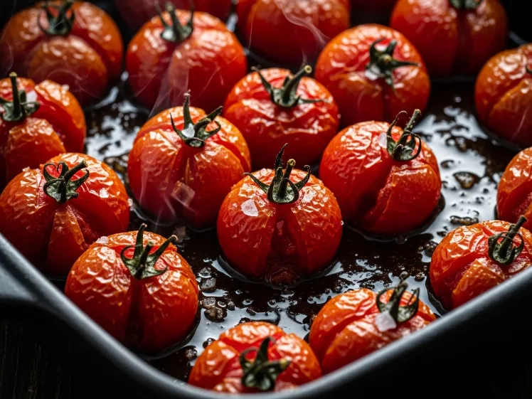Extreme close-up of perfectly roasted blistered cherry tomatoes in a cast iron pan with caramelized golden-brown edges, burst skins, and jammy concentrated tomato juices — showing the ideal roasting result for roasted tomato burrata toast at 400 degrees Fahrenheit